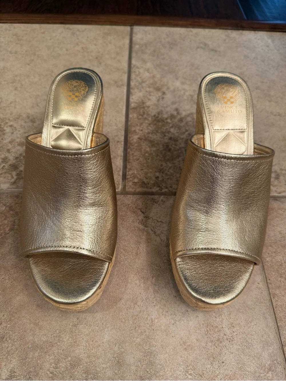 Vince Camuto, size 8 Gold Leather Slide Mules - Women's Open Toe Heels